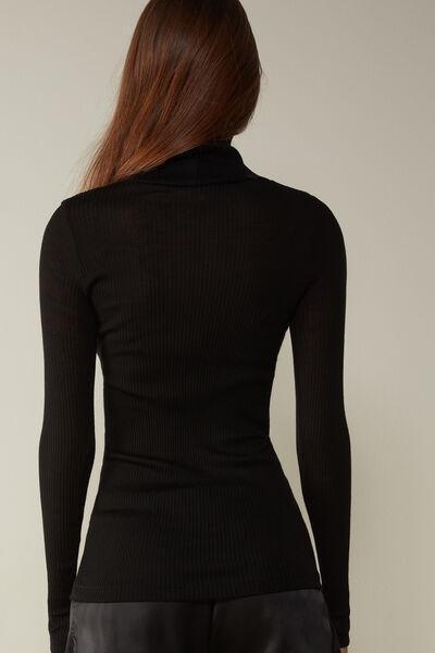 Black Long-Sleeve High-Neck Tubular Top In Silk, , large image number 4