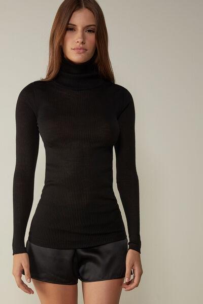 Black Long-Sleeve High-Neck Tubular Top In Silk, , large image number 8