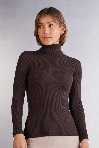 BROWN Long-sleeve High-Neck Tubular Top in Silk, No Colour, large image number 1