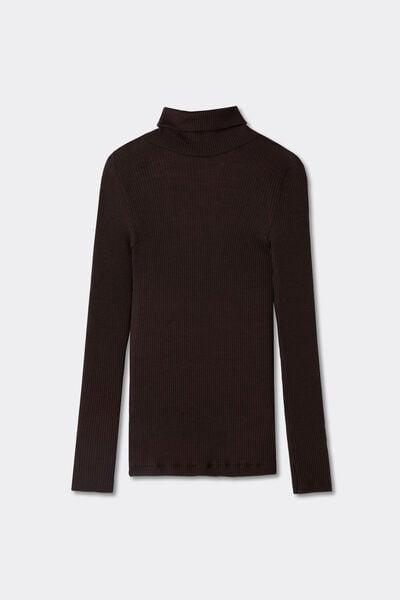 BROWN Long-sleeve High-Neck Tubular Top in Silk, No Colour, large image number 3