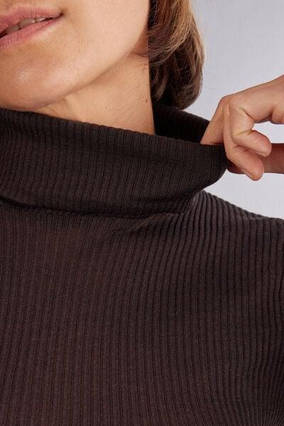BROWN Long-sleeve High-Neck Tubular Top in Silk, No Colour, large image number 5
