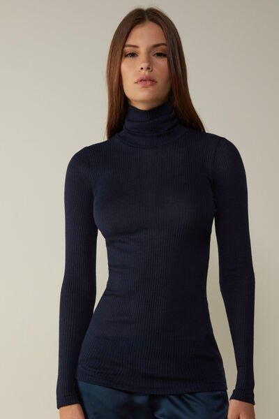Blue High-Neck Ribbed Sweater, , medium