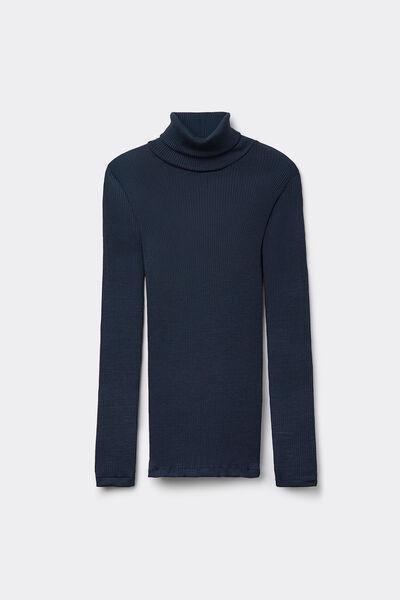 Blue High-Neck Ribbed Sweater, , large image number 2