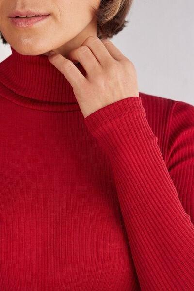 Red Long-Sleeve High-Neck Tubular Top In Silk, Red, large image number 2