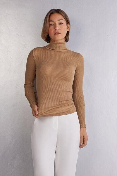 Beige Long-Sleeve High-Neck Tubular Top In Silk, Natural Camel, large image number 0