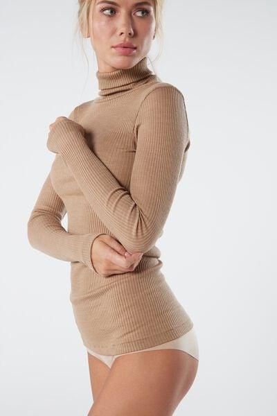 Beige Long-Sleeve High-Neck Tubular Top In Silk, Natural Camel, large image number 1