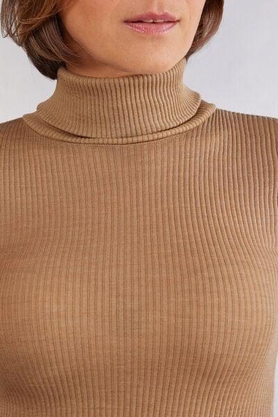 Beige Long-Sleeve High-Neck Tubular Top In Silk, Natural Camel, large image number 2