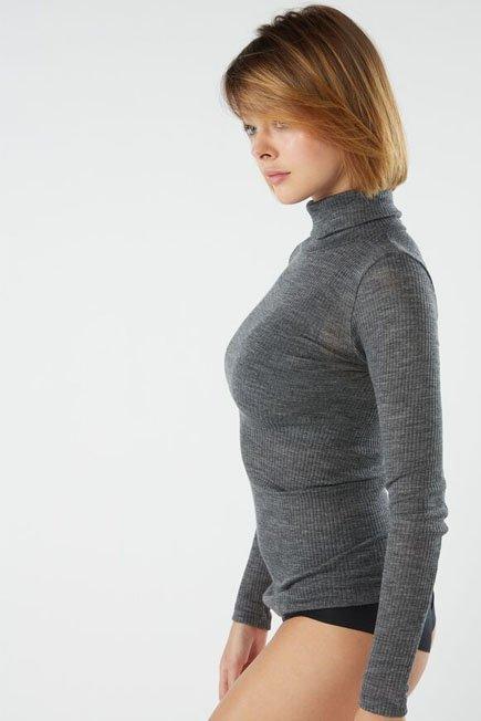 Long-sleeve High-Neck Tubular Top in Wool and Silk