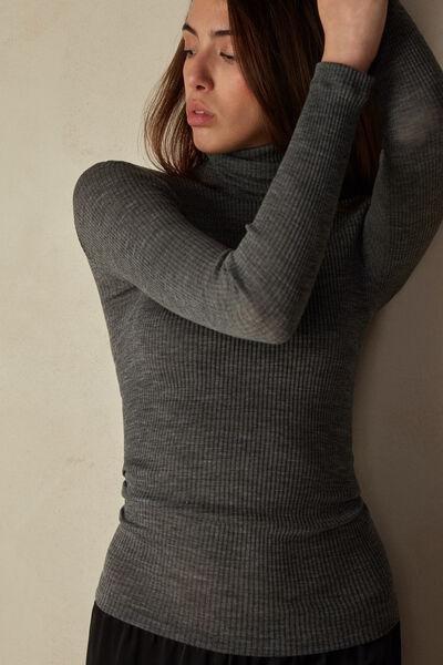 Grey  Long-Sleeve High-Neck Tubular Top In Silk, , large image number 3