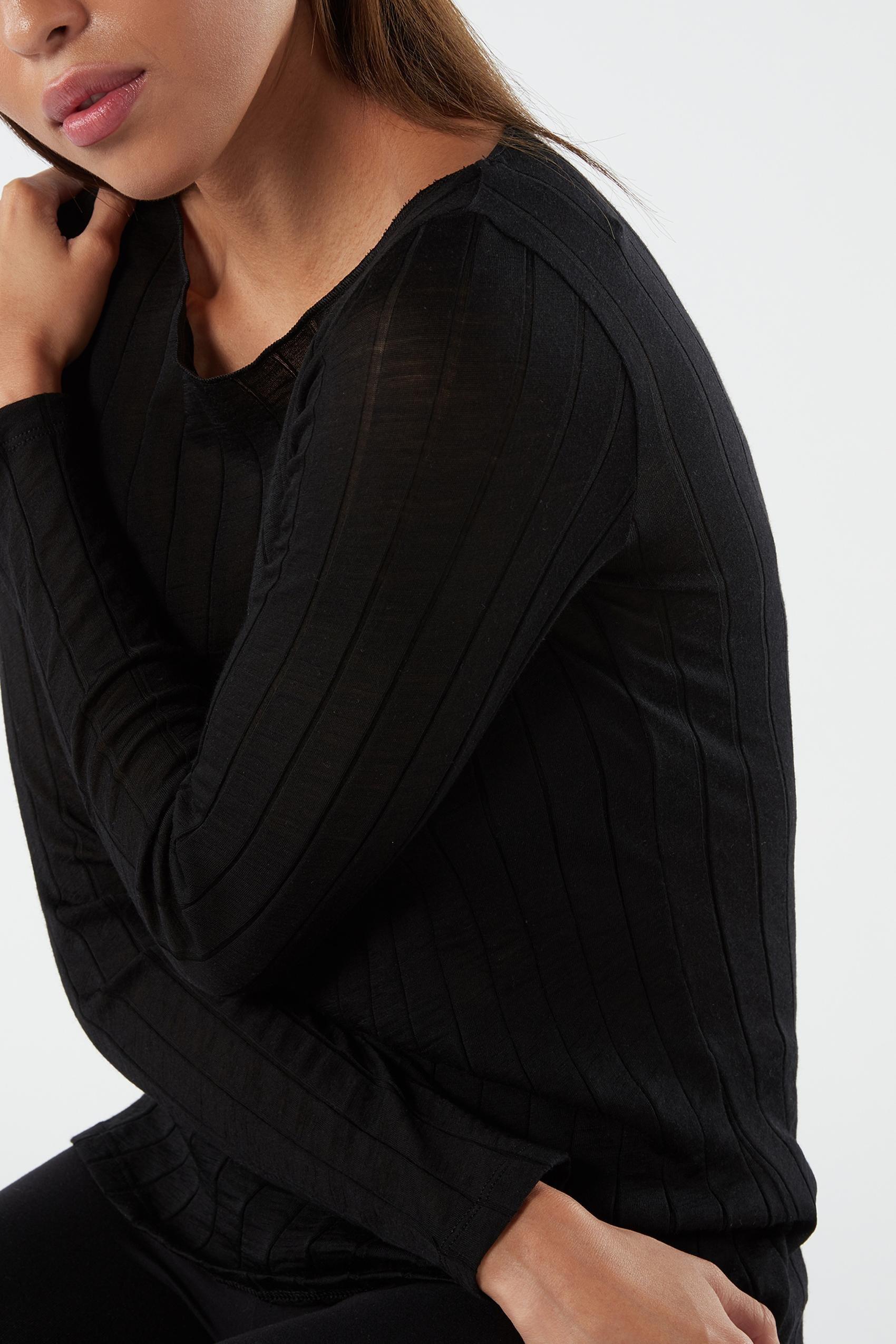 BLACK Wool and Silk Ribbed Boat-neck Shirt, , large image number 1