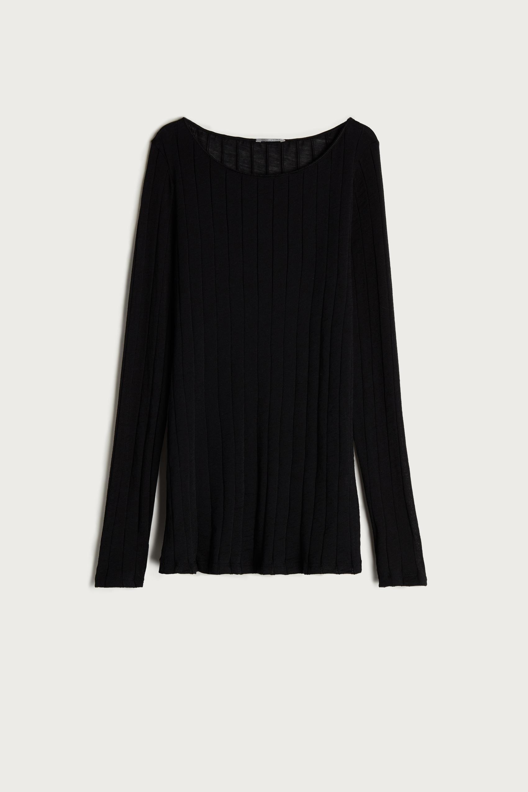 BLACK Wool and Silk Ribbed Boat-neck Shirt, , large image number 2