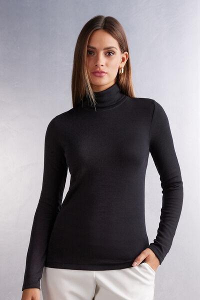 Black Long Sleeve Wool Turtleneck Top, , large image number 0
