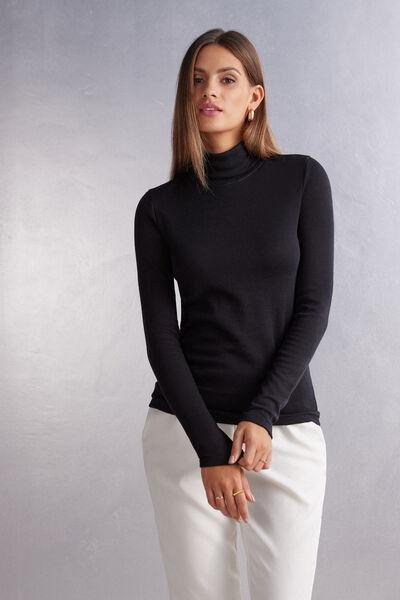 Black Long Sleeve Wool Turtleneck Top, , large image number 1