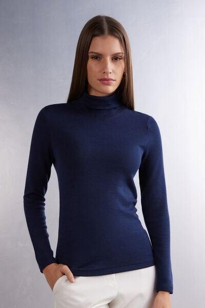 Blue Long Sleeve Cotton Turtleneck Top, 5601_1467, large image number 0