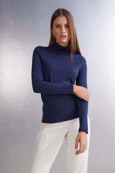 Blue Long Sleeve Cotton Turtleneck Top, 5601_1467, large image number 1