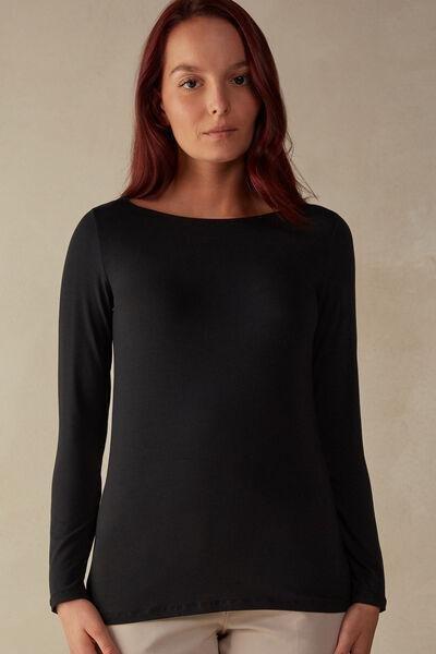 Black Long-Sleeved Boat-Neck MicroTop, , medium