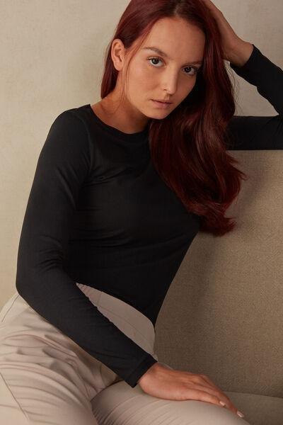 Black Long-Sleeved Boat-Neck MicroTop, , large image number 1
