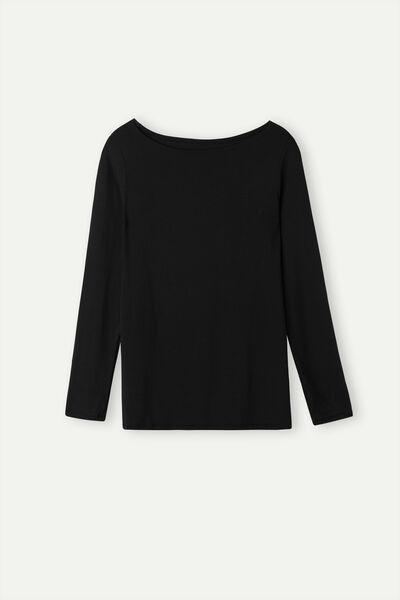 Black Long-Sleeved Boat-Neck MicroTop, , large image number 2