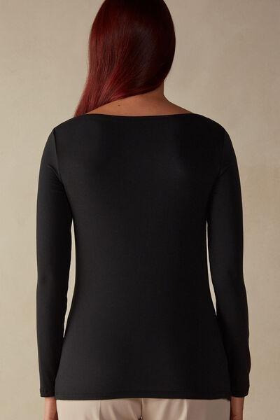 Black Long-Sleeved Boat-Neck MicroTop, , large image number 3