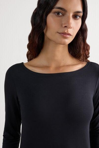 Black Long-Sleeved Boat-Neck Micro top, Black, large image number 5