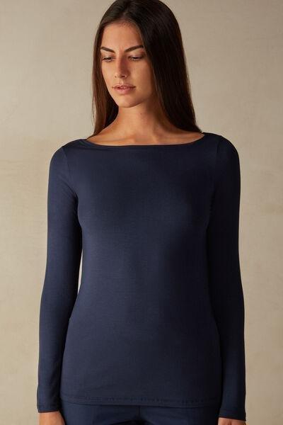Blue Long-Sleeved Boat-Neck MicroTop, , large image number 0