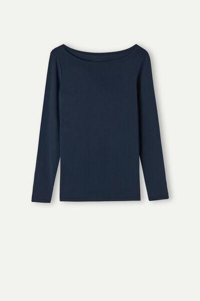 Blue Long-Sleeved Boat-Neck MicroTop, , large image number 2