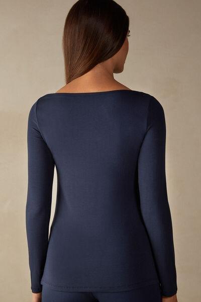 Blue Long-Sleeved Boat-Neck MicroTop, , large image number 3