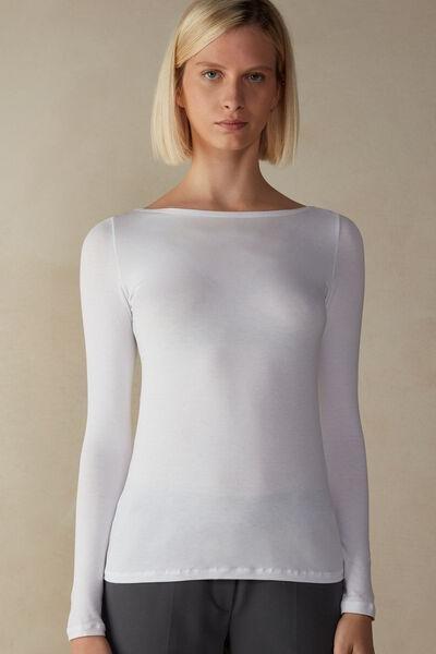 White Long-Sleeved Boat-Neck Micro top, , medium