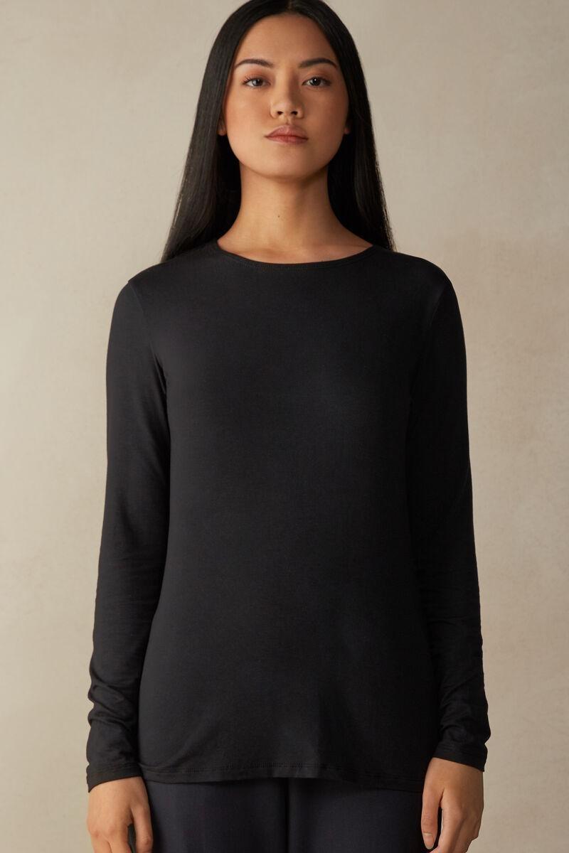 Black Long-Sleeved Crew Neck Shirt Made Of Micromodal, , large image number 0