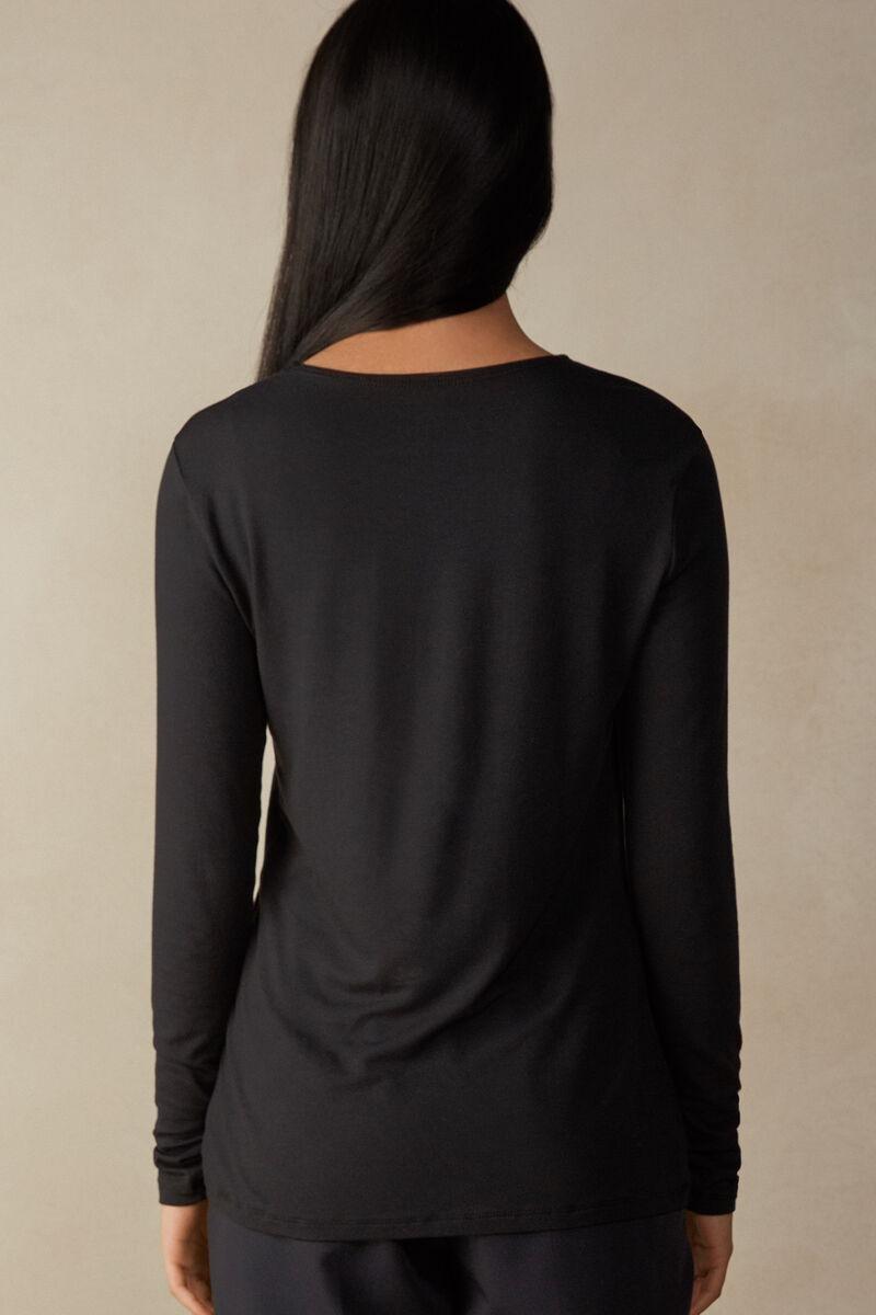 Black Long-Sleeved Crew Neck Shirt Made Of Micromodal, , large image number 3