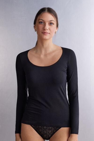 Black Long Sleeve Micromodal Scoop Neck Top, , medium