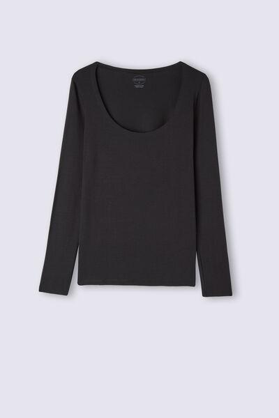 Black Long Sleeve Micromodal Scoop Neck Top, , large image number 2