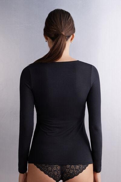 Black Long Sleeve Micromodal Scoop Neck Top, , large image number 3