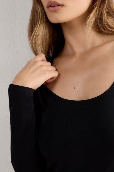 Black Long Sleeve Scoop Neck Top, Black, large image number 5