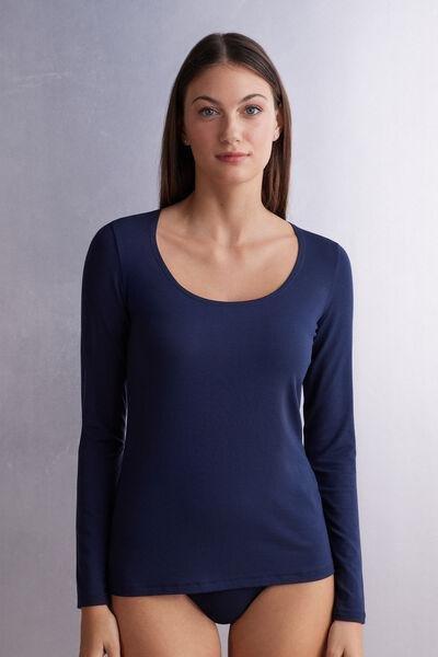 Navy Long Sleeve Micromodal Scoop Neck Top, , large image number 0