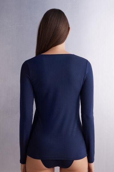 Navy Long Sleeve Micromodal Scoop Neck Top, , large image number 3