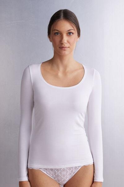 White Long Sleeve Micromodal Scoop Neck Top, , large image number 0