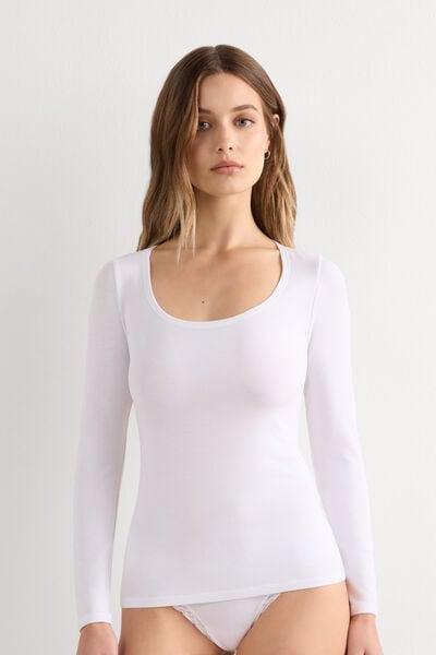 White Long Sleeve Scoop Neck Top, Milk White, large image number 1