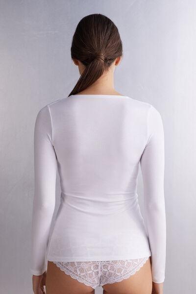 White Long Sleeve Micromodal Scoop Neck Top, , large image number 3