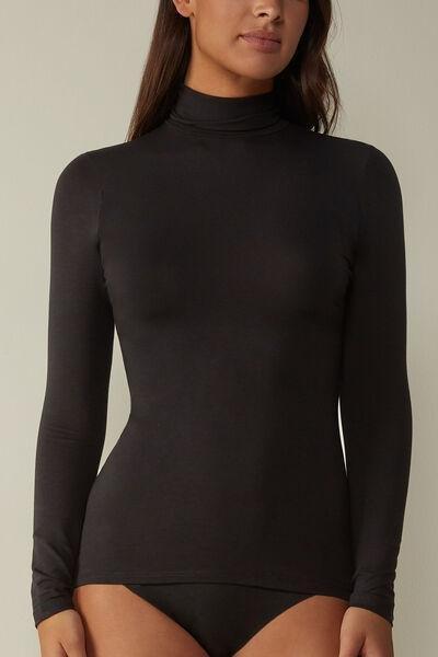 Black Long-Sleeve High-Neck Micromodal Top, , large image number 0