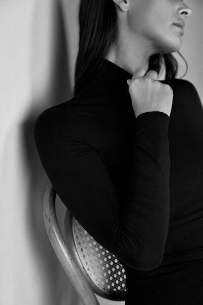 Black Long-Sleeve High-Neck Micromodal Top, , large image number 1