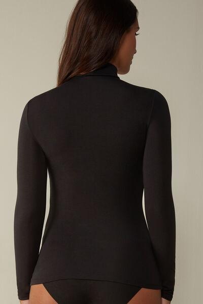 Black Long-Sleeve High-Neck Micromodal Top, , large image number 3