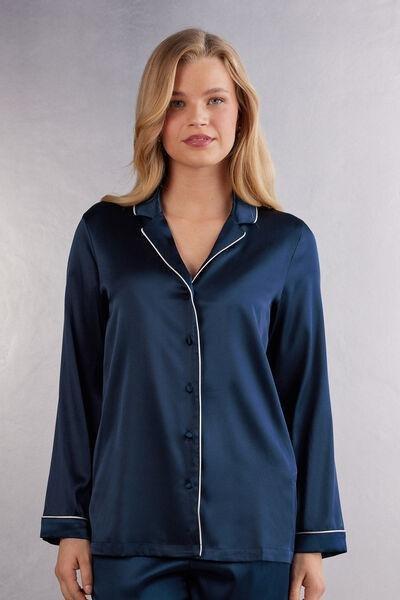 Navy Long Sleeve Silk Jacket, , medium