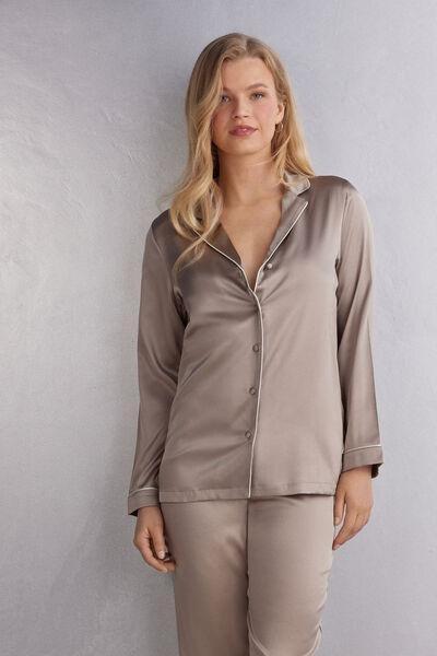 Beige Long Sleeve Silk Jacket, , large image number 1