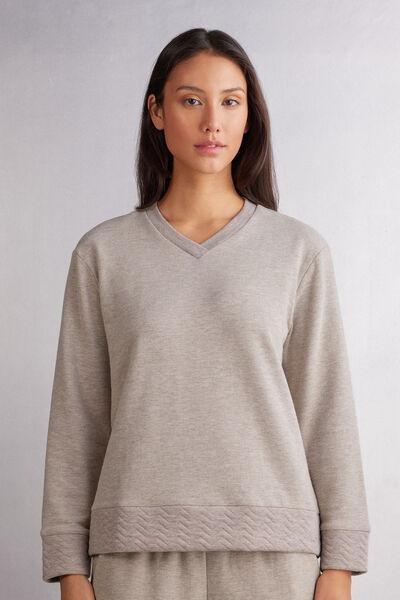 Beige V-Neck Long-Sleeved Shirt, 5601_775J, medium