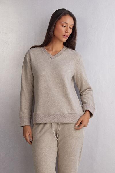 Beige V-Neck Long-Sleeved Shirt, 5601_775J, medium