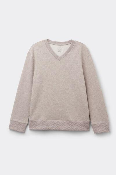 Beige V-Neck Long-Sleeved Shirt, 5601_775J, medium