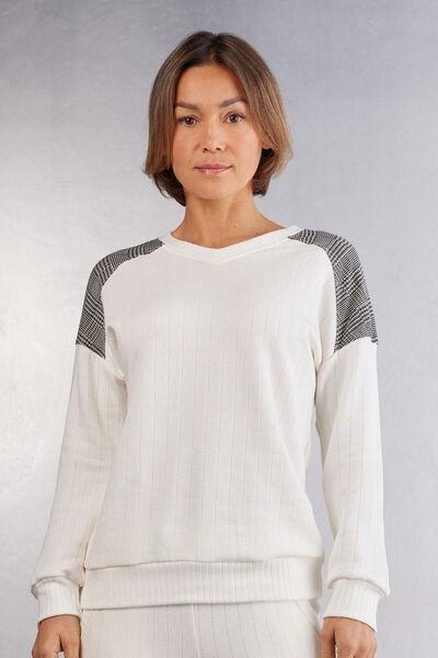 Cream Ribbed Casual Top, , large image number 0