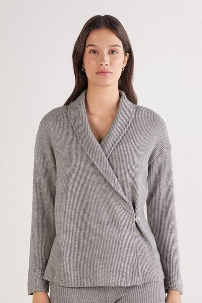 Grey Tricot-Effect Viscose Cardigan, 5601_043K, large image number 0