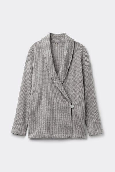 Grey Tricot-Effect Viscose Cardigan, 5601_043K, large image number 5